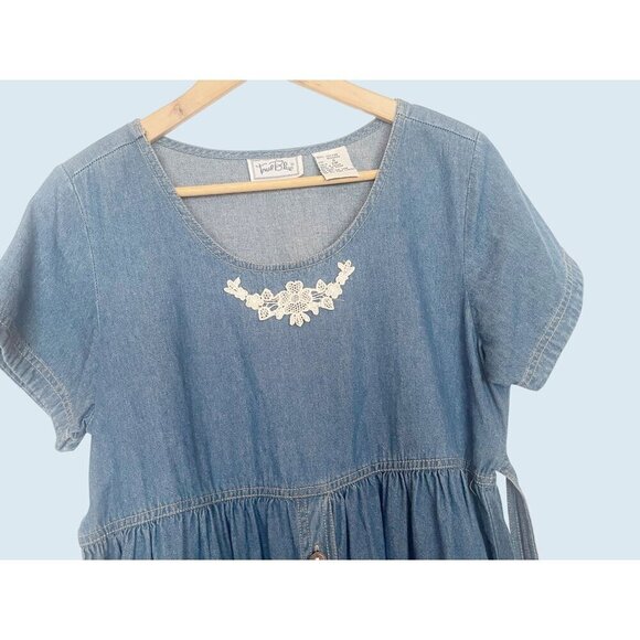 Vintage Cottage / Granny Core Blue Short Sleeve 80s 90s Dress Size M - Picture 4 of 7